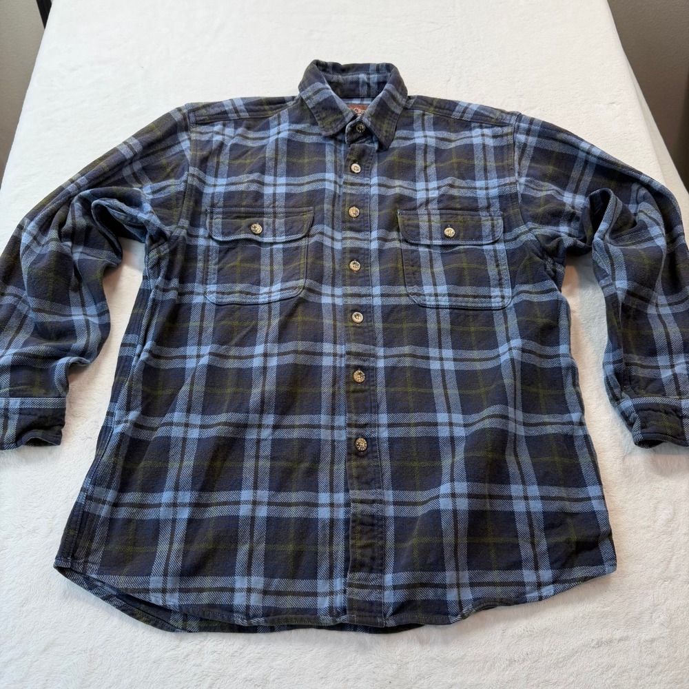 Moose Creek Flannel Shirt Mens Medium Blue Plaid Good Rugged Cotton Button Down